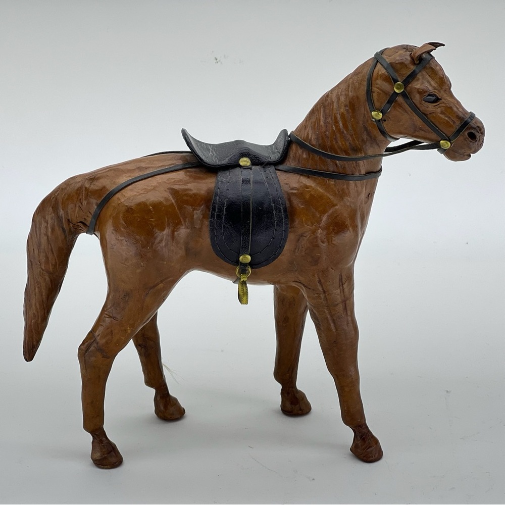 Vintage Leather Horse Sculpture Figurine Statue Saddle Glass Eyes Equestrian Art